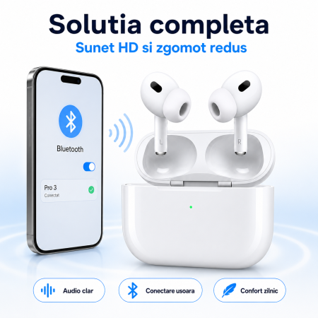 Casti wireless Pro 3, sunet HD, reducere zgomot, autonomie 24h, Alb, gadget modern - imagine principala produs [3]