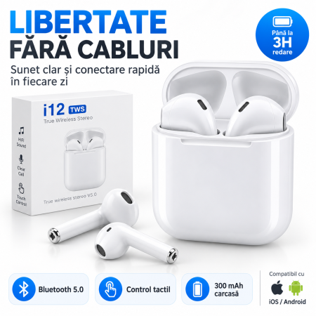 Casti bluetooth - Casti wireless TWS i12 albe cu Bluetooth 5.0, control Touch, microfon si cutie de incarcare, compatibile Android si iOS.