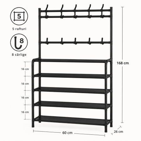 Cuier metalic multifunctional cu 5 rafturi si 8 carlige, 168x60x26 cm, negru [2]