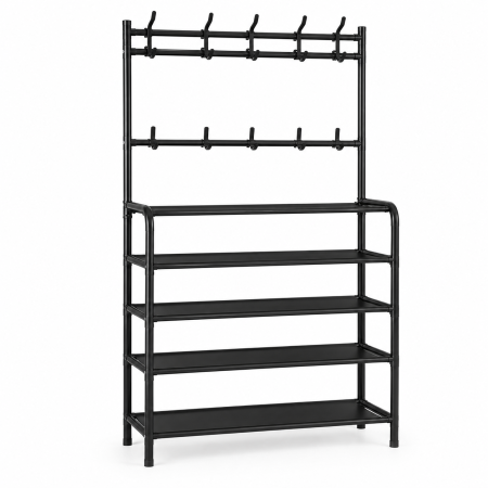 Cuiere si organizatoare pentru hol - Cuier metalic multifunctional cu 5 rafturi si 8 carlige, 168x60x26 cm, negru