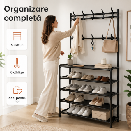 Cuier metalic multifunctional cu 5 rafturi si 8 carlige, 168x60x26 cm, negru [1]