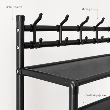 Cuier metalic multifunctional cu 5 rafturi si 8 carlige, 168x60x26 cm, negru [3]