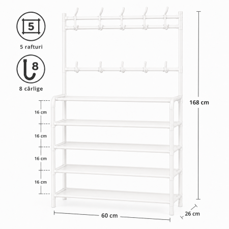 Cuier metalic multifunctional cu 5 rafturi si 8 carlige, 168x60x26 cm, alb [2]