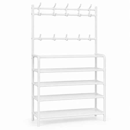 Cuiere si organizatoare pentru hol - Cuier metalic multifunctional cu 5 rafturi si 8 carlige, 168x60x26 cm, alb