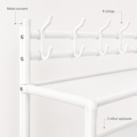 Cuier metalic multifunctional cu 5 rafturi si 8 carlige, 168x60x26 cm, alb [3]