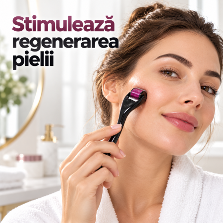 Dermo Roller Cosmetic negru, dispozitiv manual pentru îngrijirea pielii, prevăzut cu 540 de microace din oțel. [1]