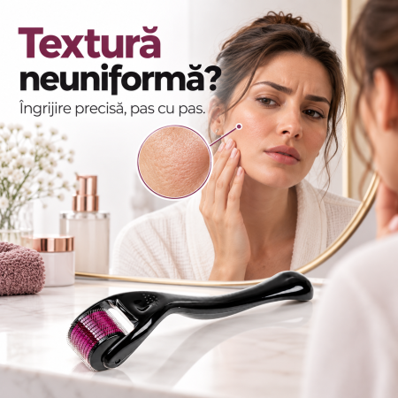 Dermo Roller Cosmetic negru, dispozitiv manual pentru îngrijirea pielii, prevăzut cu 540 de microace din oțel. [3]
