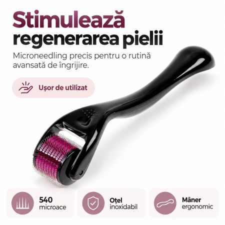 Accesorii pentru îngrijirea tenului - Dermo Roller Cosmetic negru, dispozitiv manual pentru îngrijirea pielii, prevăzut cu 540 de microace din oțel.