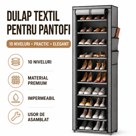 Casa si Gradina - Dulap textil pentru pantofi, organizator vertical ingust, 10 niveluri, gri, cu fermoare laterale