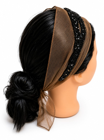 Esarfa brodata - Esarfa de cap din tull bronz satinat, cu margele negre, accesoriu elegant pentru mirese, biserica si evenimente speciale.
