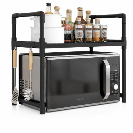 Depozitare si organizare - Etajera pentru cuptor cu microunde, organizator bucatarie, plastic negru, 49x48x32 cm