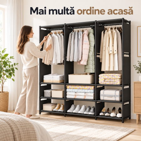 Garderoba textila pentru haine 130 x 36 x 170 cm, negru, cu cadru metalic, bara pentru umerase, rafturi de depozitare si husa impermeabila antipraf. [1]