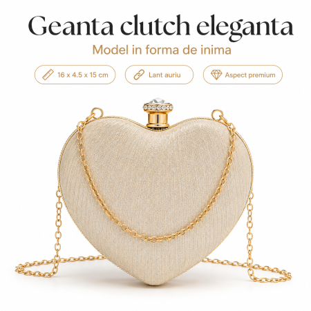 Fashion - Geanta Clutch Inima cu Strasuri si Lant Auriu, Crem
