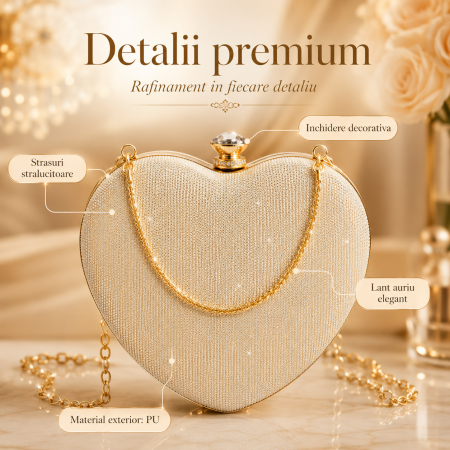 Geanta Clutch Inima cu Strasuri si Lant Auriu, Crem [1]