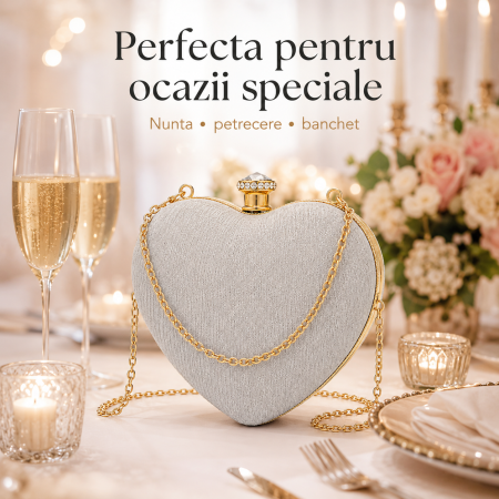 Geanta Clutch Inima Gri cu Strasuri si Lant Auriu [3]