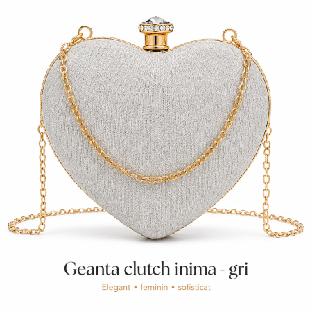 Fashion - Geanta Clutch Inima Gri cu Strasuri si Lant Auriu