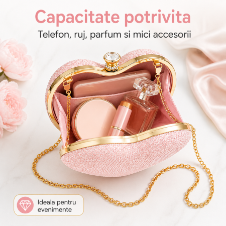 Geanta Clutch Inima Roz cu Strasuri si Lant Auriu [3]