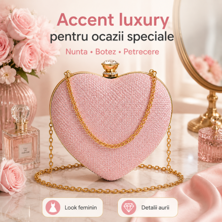 Geanta Clutch Inima Roz cu Strasuri si Lant Auriu [1]