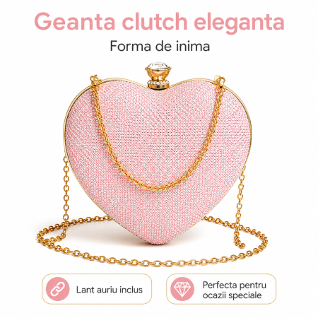 Fashion - Geanta Clutch Inima Roz cu Strasuri si Lant Auriu