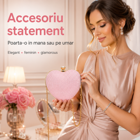 Geanta Clutch Inima Roz cu Strasuri si Lant Auriu [2]