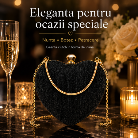 Geanta Clutch Inima cu Strasuri si Lant Auriu, Negru [4]