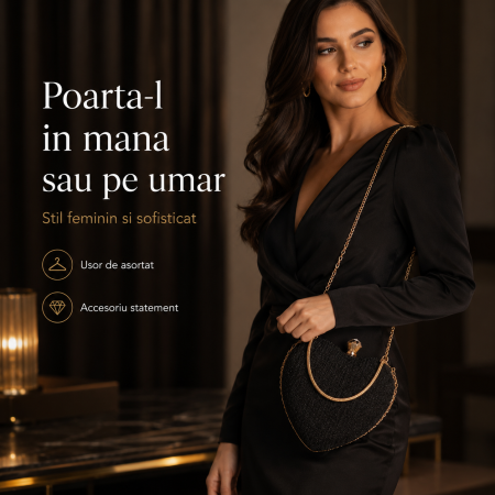 Geanta Clutch Inima cu Strasuri si Lant Auriu, Negru [3]