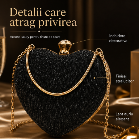 Geanta Clutch Inima cu Strasuri si Lant Auriu, Negru [2]