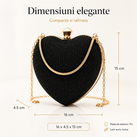 Geanta Clutch Inima cu Strasuri si Lant Auriu, Negru [1]
