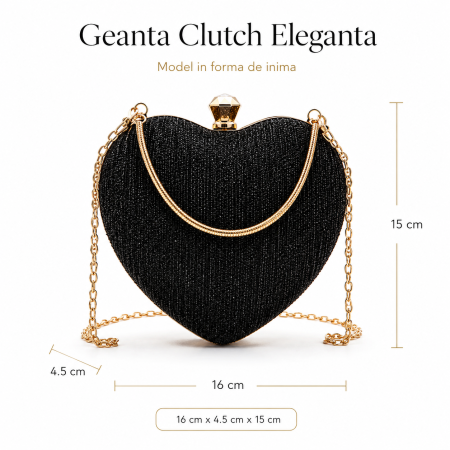 Fashion - Geanta Clutch Inima cu Strasuri si Lant Auriu, Negru