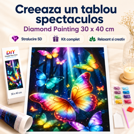 Kituri creative - Kit de broderie cu diamante 5D, Fluturi Colorati, Set DIY Multicolor pentru Relaxare si Decor, 30 x 40 cm - imagine principala produs|Kit de broderie cu diamante 5D, Fluturi Colorati, Set DIY Multicolor pentru Relaxare si Decor, 30 x 40 cm - detaliu produs 2|Kit de broderie cu diamante 5D, Fluturi Colorati, Set DIY Multicolor pentru Relaxare si Decor, 30 x 40 cm - detaliu produs 3|Kit de broderie cu diamante 5D, Fluturi Colorati, Set DIY Multicolor pentru Relaxare si Decor, 30 x 40 cm - detaliu produs 4