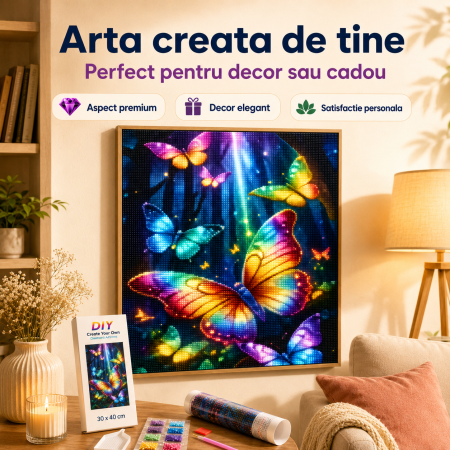 Kit de broderie cu diamante 5D, Fluturi Colorati, Set DIY Multicolor pentru Relaxare si Decor, 30 x 40 cm - imagine principala produs|Kit de broderie cu diamante 5D, Fluturi Colorati, Set DIY Multicolor pentru Relaxare si Decor, 30 x 40 cm - detaliu produs 2|Kit de broderie cu diamante 5D, Fluturi Colorati, Set DIY Multicolor pentru Relaxare si Decor, 30 x 40 cm - detaliu produs 3|Kit de broderie cu diamante 5D, Fluturi Colorati, Set DIY Multicolor pentru Relaxare si Decor, 30 x 40 cm - detaliu produs 4 [1]