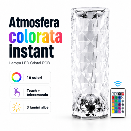 Iluminat interior - Lampa LED Cristal RGB, 3 Lumini Albe, 16 Culori, Touch + Telecomanda, Multicolor - imagine principala produs