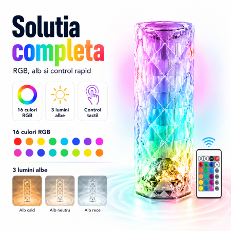 Lampa LED Cristal RGB, 3 Lumini Albe, 16 Culori, Touch + Telecomanda, Multicolor - imagine principala produs [2]
