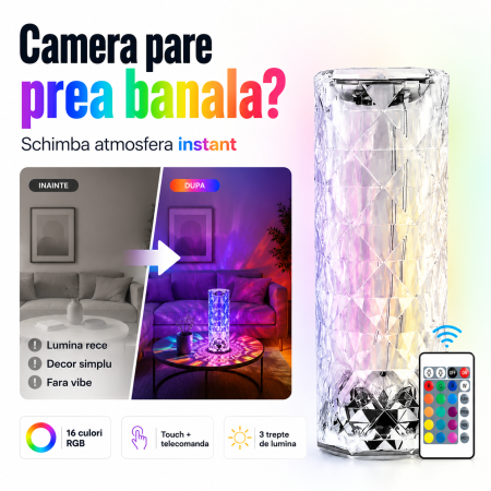Lampa LED Cristal RGB, 3 Lumini Albe, 16 Culori, Touch + Telecomanda, Multicolor - imagine principala produs [1]
