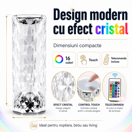 Lampa LED Cristal RGB, 3 Lumini Albe, 16 Culori, Touch + Telecomanda, Multicolor - imagine principala produs [3]