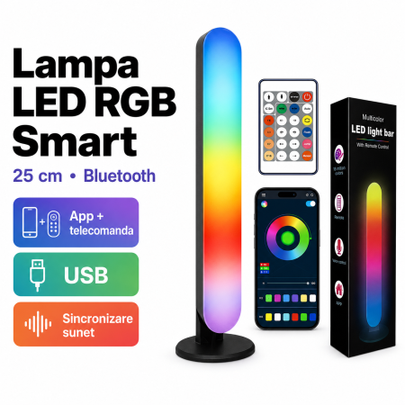 Iluminat - Lampa LED RGB Smart 25 cm, Bluetooth, sincronizare sunet, app si telecomanda