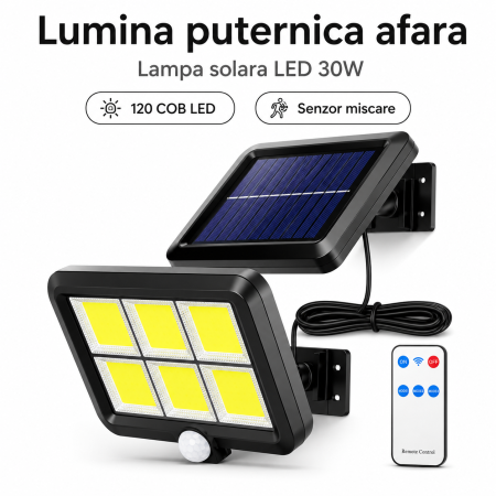 Iluminat exterior - Lampa solara exterior 30W, 120 COB LED, senzor miscare si telecomanda