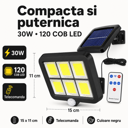 Lampa solara exterior 30W, 120 COB LED, senzor miscare si telecomanda [1]