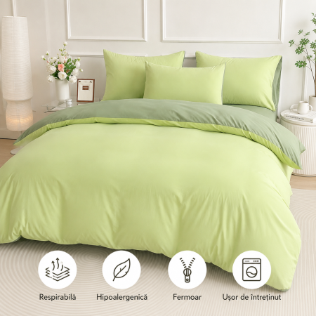 Lenjerie pat dublu 3 piese, verde, husa pilota 200x200 cm si fete perna 50x70 cm [1]