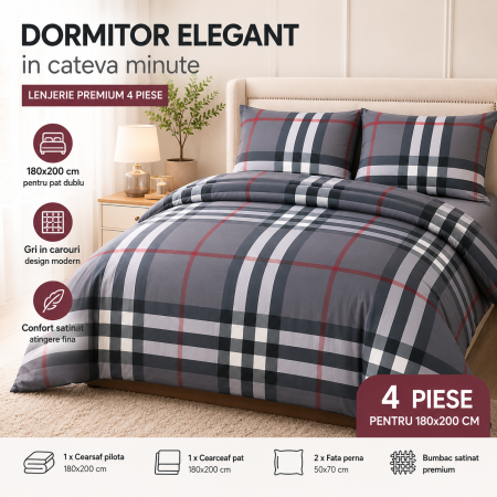 Casa si Gradina - Lenjerie Pat Dublu, Bumbac Satinat Premium, 4 Piese, 180x200 cm, Gri in Carouri