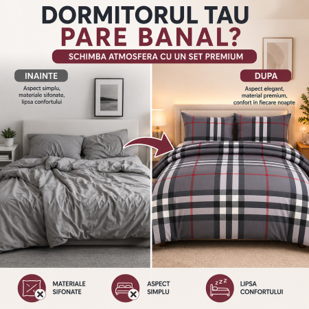Lenjerie Pat Dublu, Bumbac Satinat Premium, 4 Piese, 180x200 cm, Gri in Carouri [1]