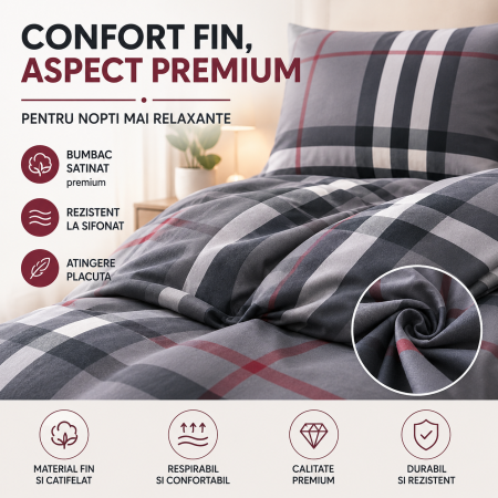 Lenjerie Pat Dublu, Bumbac Satinat Premium, 4 Piese, 180x200 cm, Gri in Carouri [2]