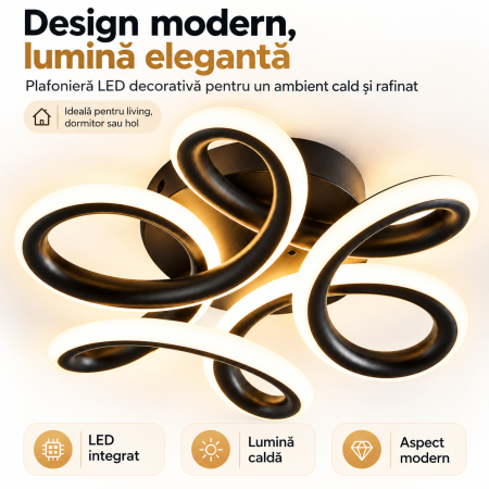 Lustre LED - Lustra LED 65W, flux luminos 6402 lm, lumină caldă, neutră și rece, dimensiuni 24 x 8 cm, finisaj negru mat, pentru iluminat interior modern.