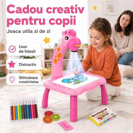 Masa desen cu proiector pentru copii, 3 discuri 24 sabloane, 12 carioci, tabla reutilizabila - imagine principala produs [4]