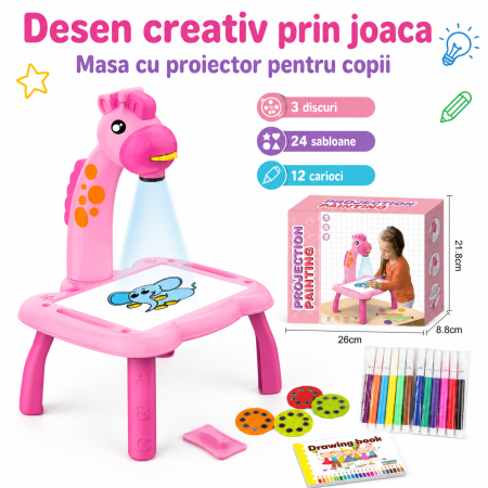 Educative si STEM - Masa desen cu proiector pentru copii, 3 discuri 24 sabloane, 12 carioci, tabla reutilizabila - imagine principala produs