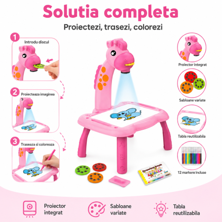 Masa desen cu proiector pentru copii, 3 discuri 24 sabloane, 12 carioci, tabla reutilizabila - imagine principala produs [3]