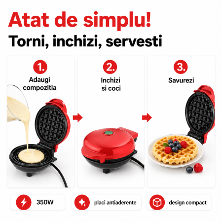 Mini aparat de vafe si gofre, 350W, placi antiaderente, indicator LED, design compact, rosu [2]