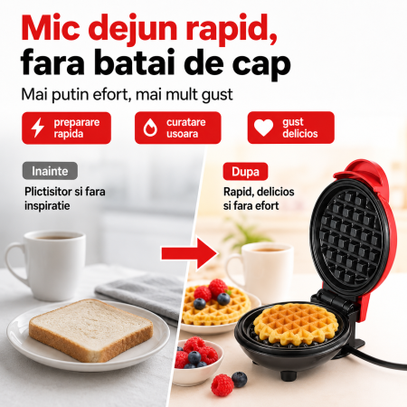 Mini aparat de vafe si gofre, 350W, placi antiaderente, indicator LED, design compact, rosu [1]