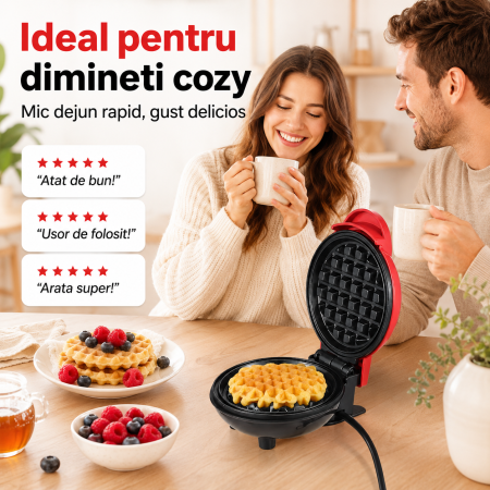 Mini aparat de vafe si gofre, 350W, placi antiaderente, indicator LED, design compact, rosu [4]