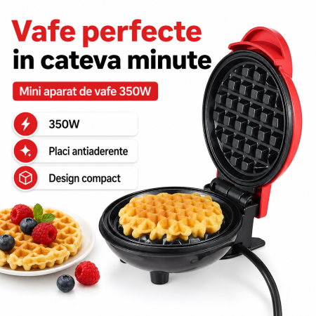 Bucătărie - Mini aparat de vafe si gofre, 350W, placi antiaderente, indicator LED, design compact, rosu